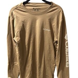 Columbia Mens Long Sleeve T-Shirt Tan Brown Cotton Logo Graphic Tee Small